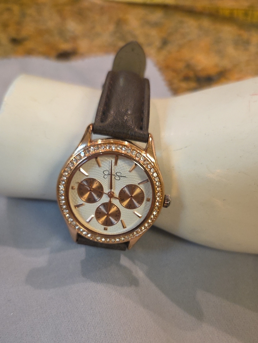 Jessica Simpson Rose Gold and Brown Crystal-Accent Women's Watch 9.5 In